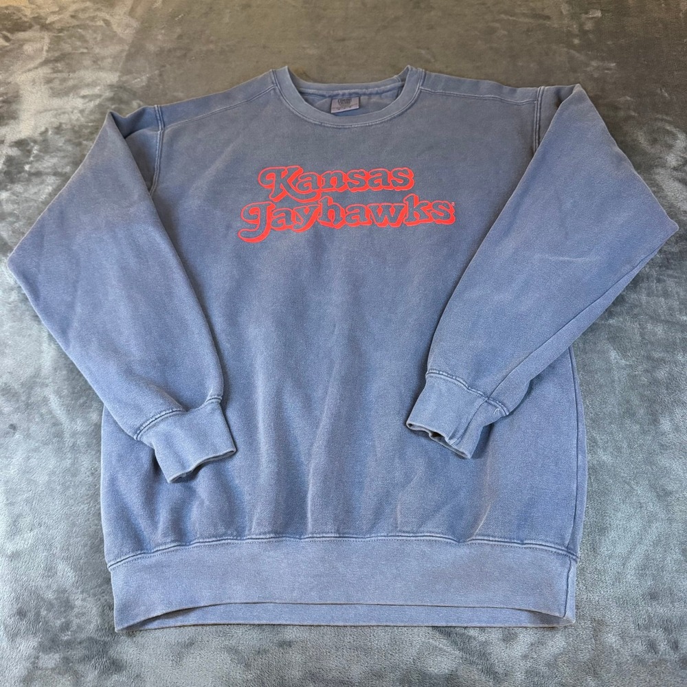 Comfort Colors Kansas Jayhawks Sweatshirt Crewneck Spellout Blue Mens Medium